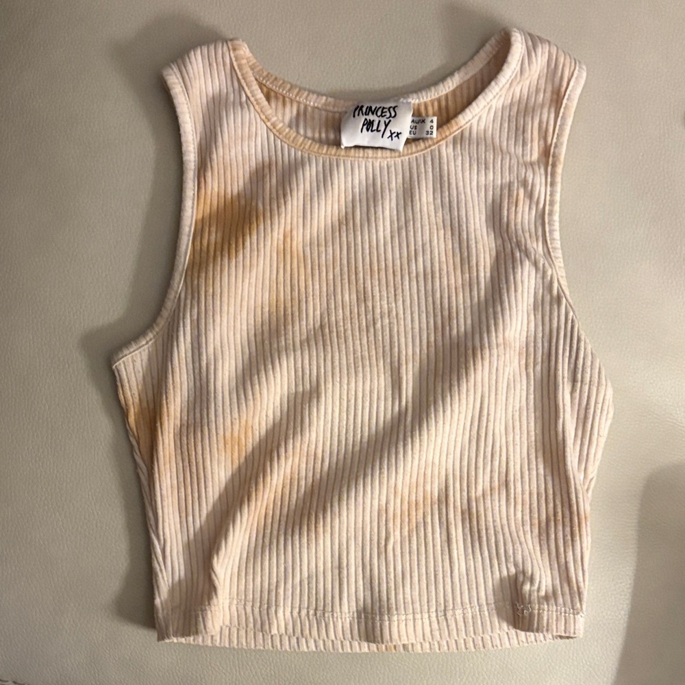 Princess Polly Cream Ribbed Cropped Tank Top